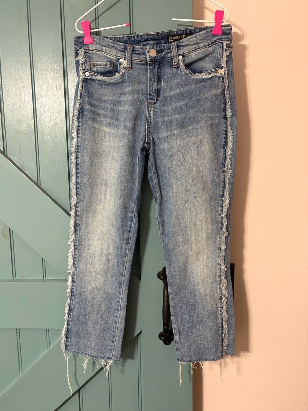 Blank NYC Light Blue Frayed Side-Trim Cropped Skinny Jeans